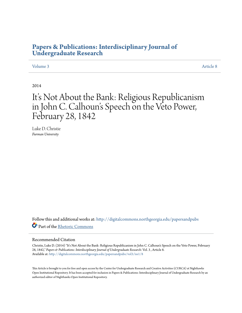 Religious Republicanism in John C. Calhoun's Speech on the Veto