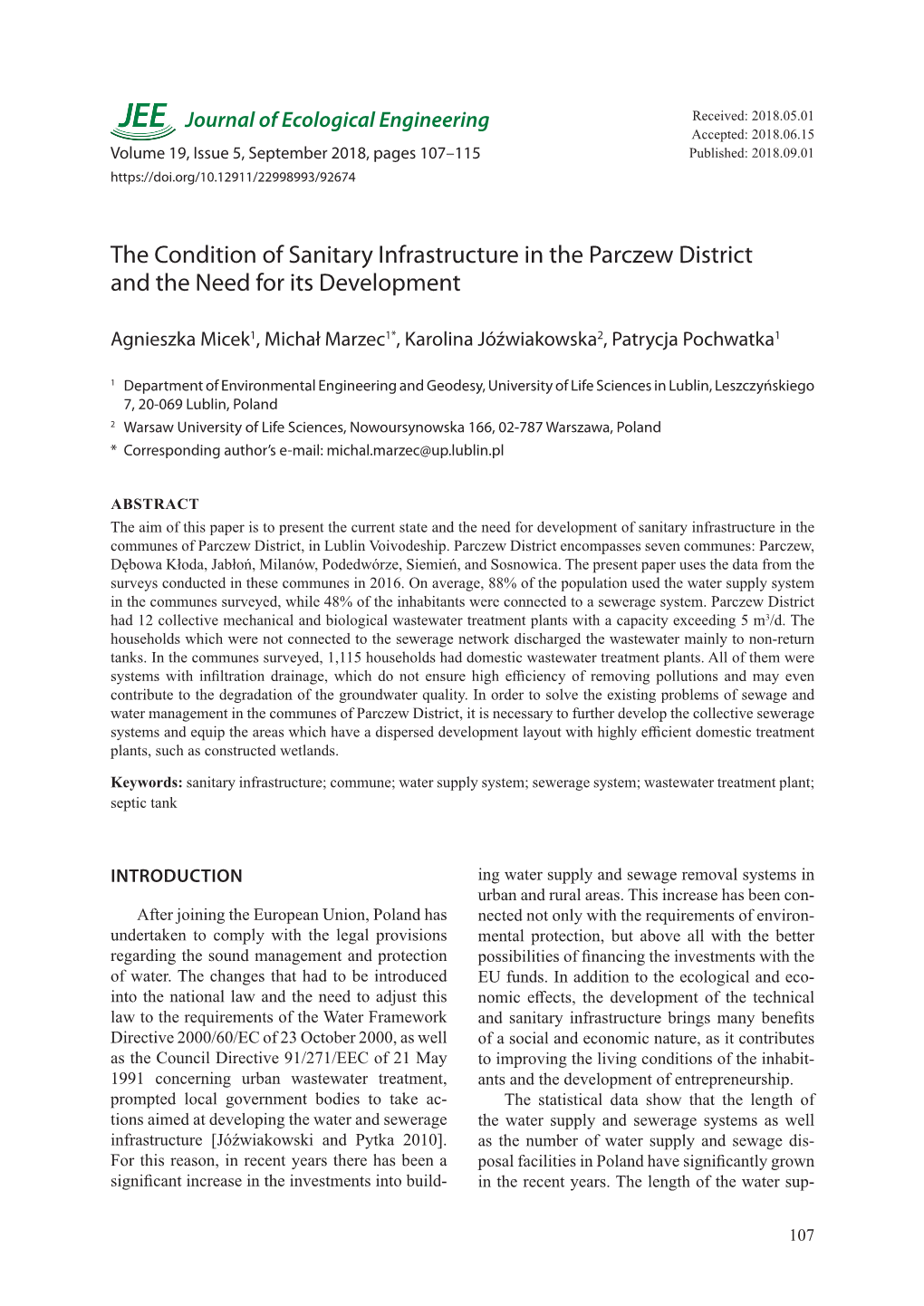 The Condition of Sanitary Infrastructure in the Parczew District and the Need for Its Development