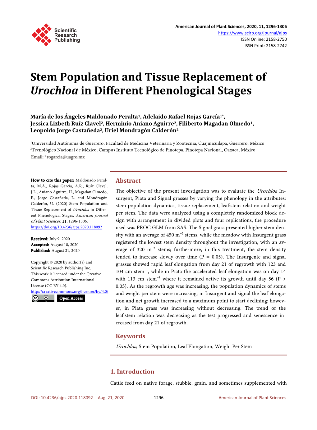 Stem Population and Tissue Replacement of Urochloa in Different Phenological Stages