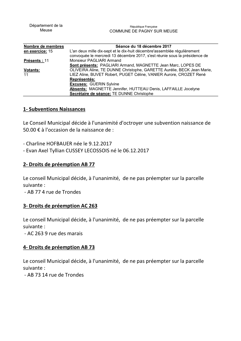 1- Subventions Naissances Le Conseil Municipal Décide À L