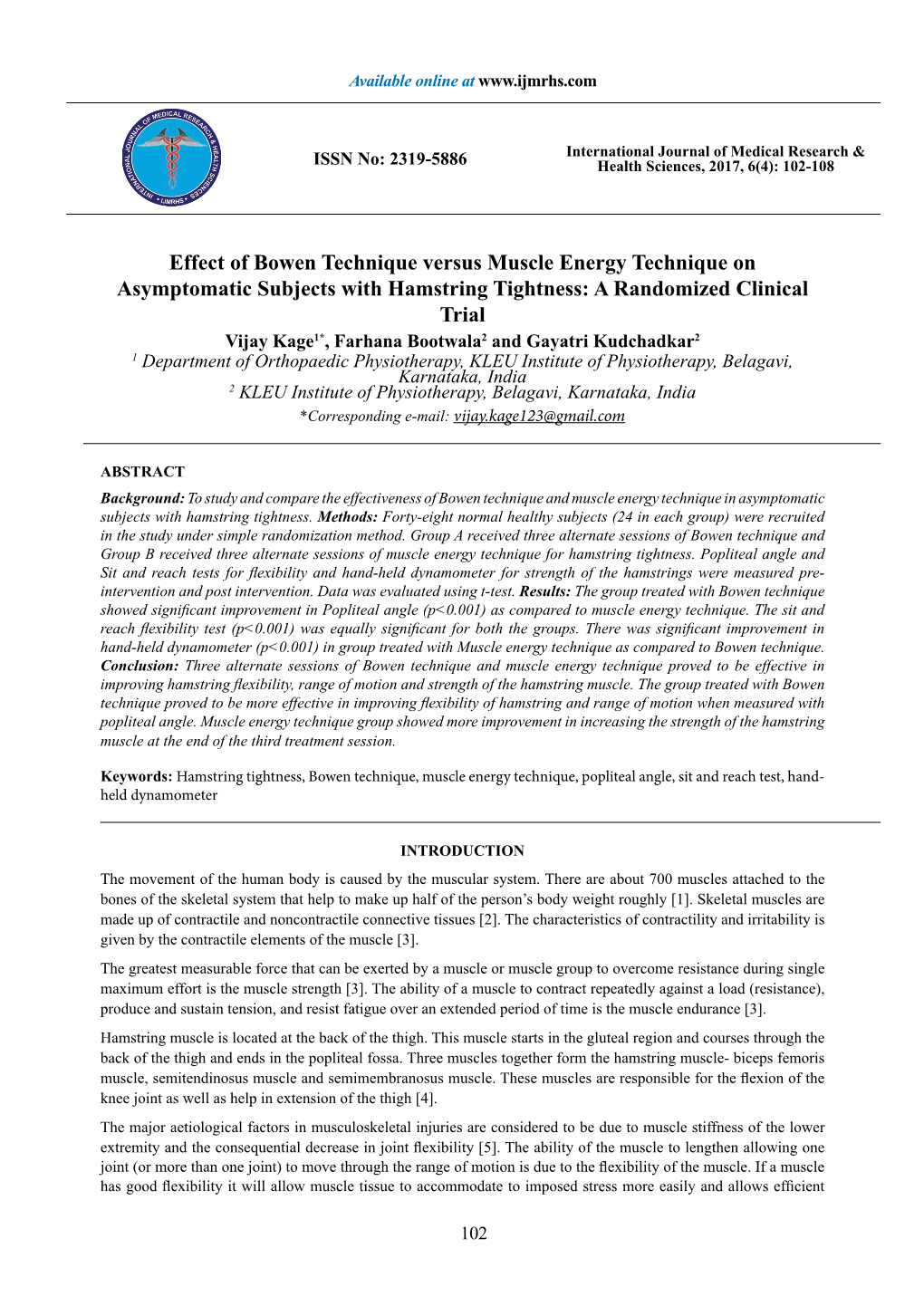 Effect of Bowen Technique Versus Muscle Energy Technique on Asymptomatic Subjects with Hamstring Tightness: a Randomized Clinica