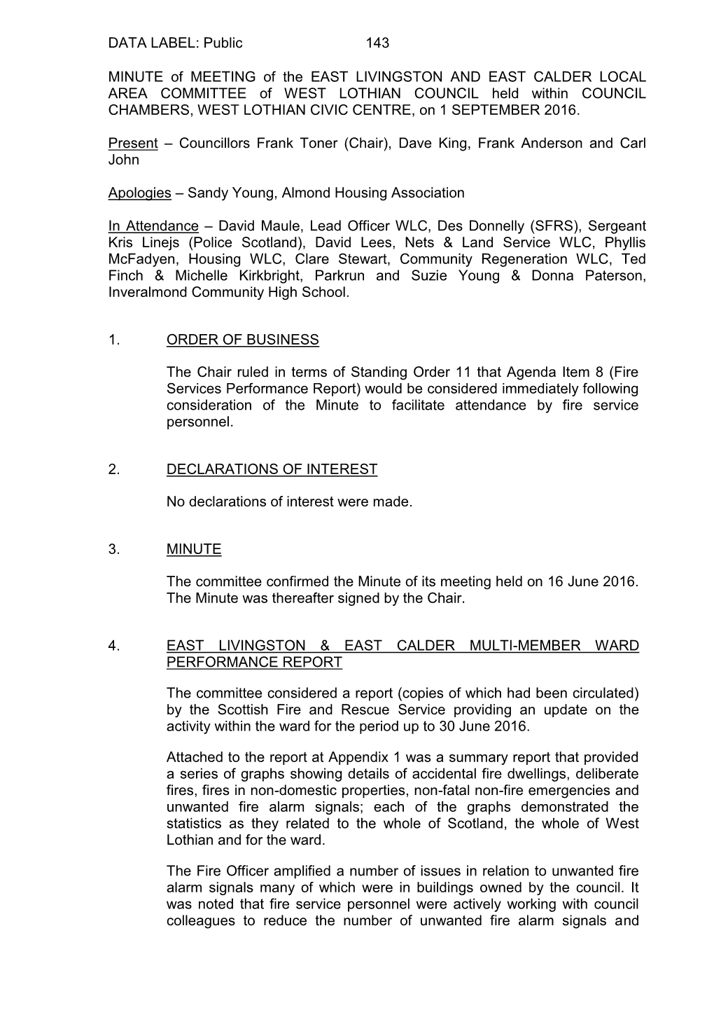 Public 143 MINUTE of MEETING of the EAST LIVINGSTON and EAST