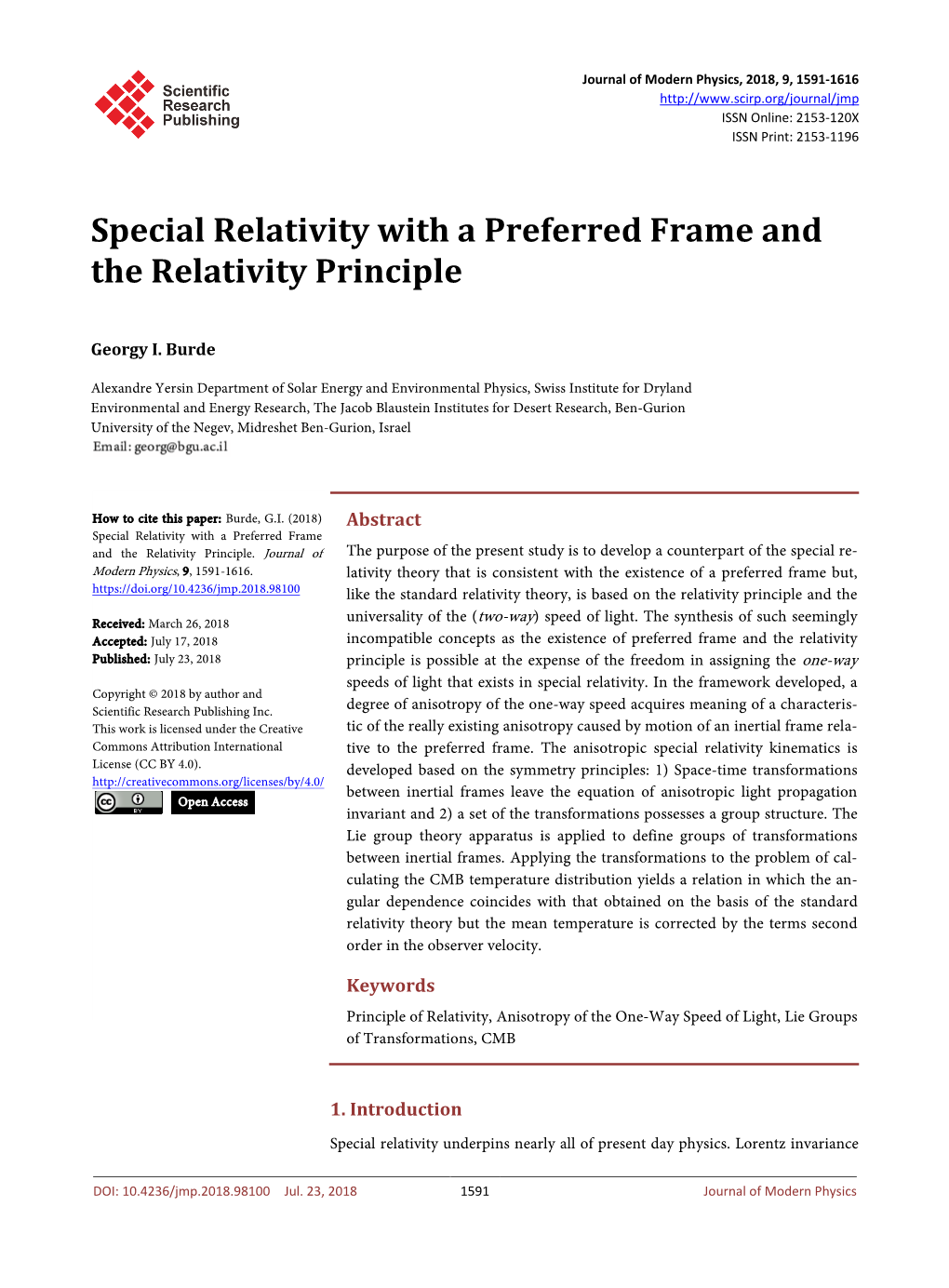 Special Relativity with a Preferred Frame and the Relativity Principle