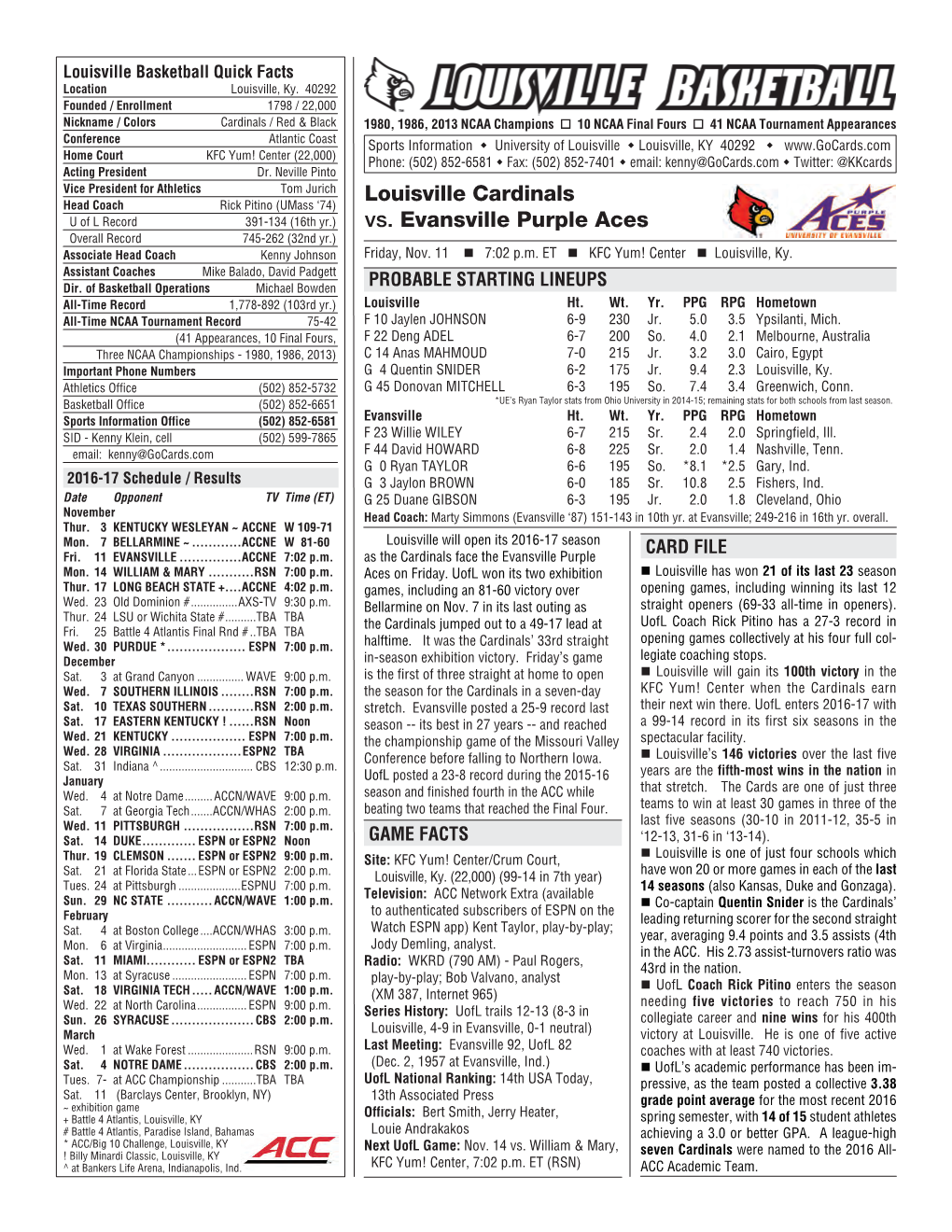 Louisville Cardinals Vs. Evansville Purple Aces