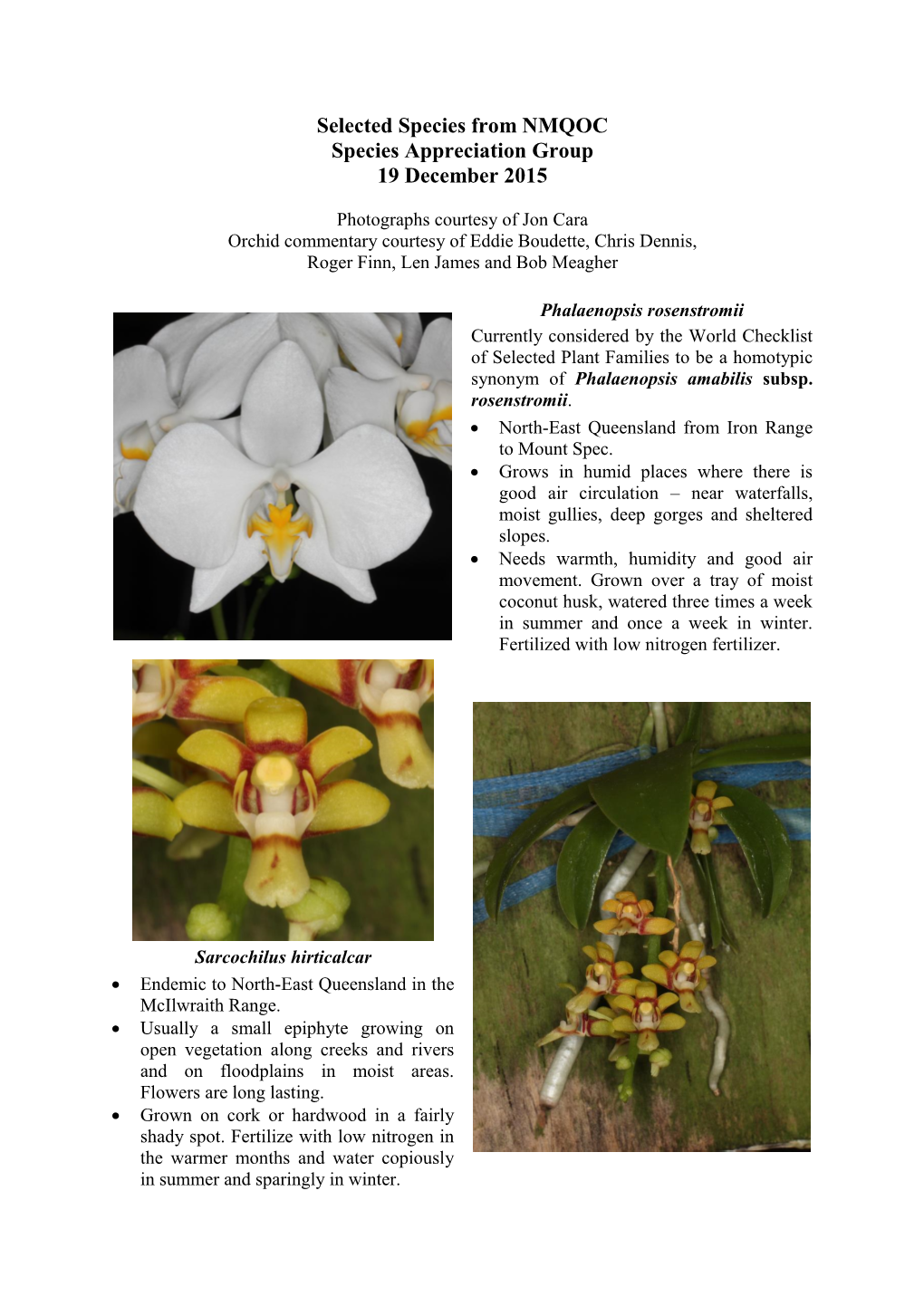 Selected Species from NMQOC Species Appreciation Group 19 December 2015