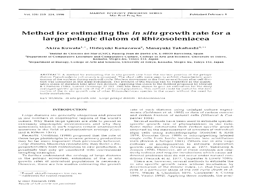 Method for Estimating the in Situ Growth Rate for a Large Pelagic Diatom of Rhizosoleniacea