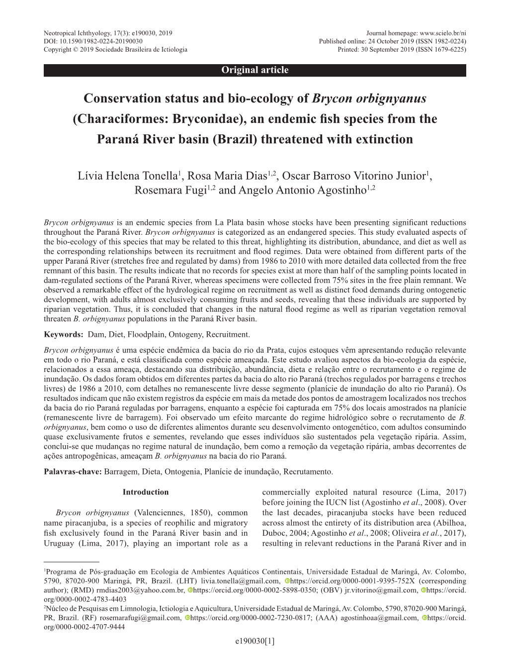 Conservation Status and Bio-Ecology of Brycon Orbignyanus