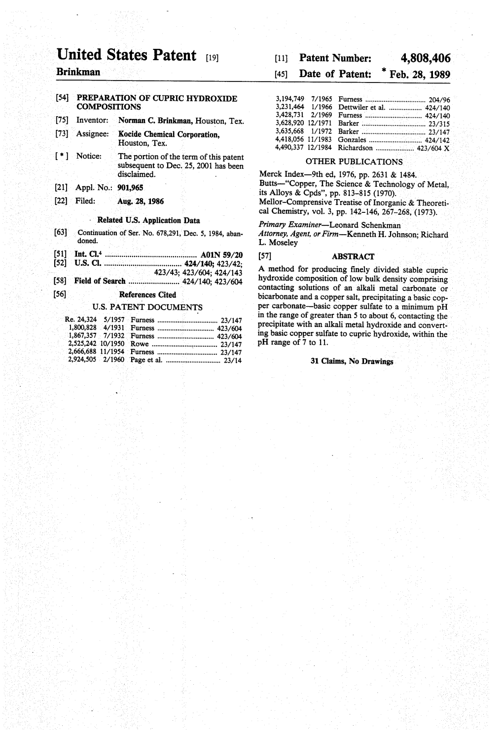 United States Patent (19) 11 Patent Number: 4,808,406 Brinkman (45) Date of Patent: Feb