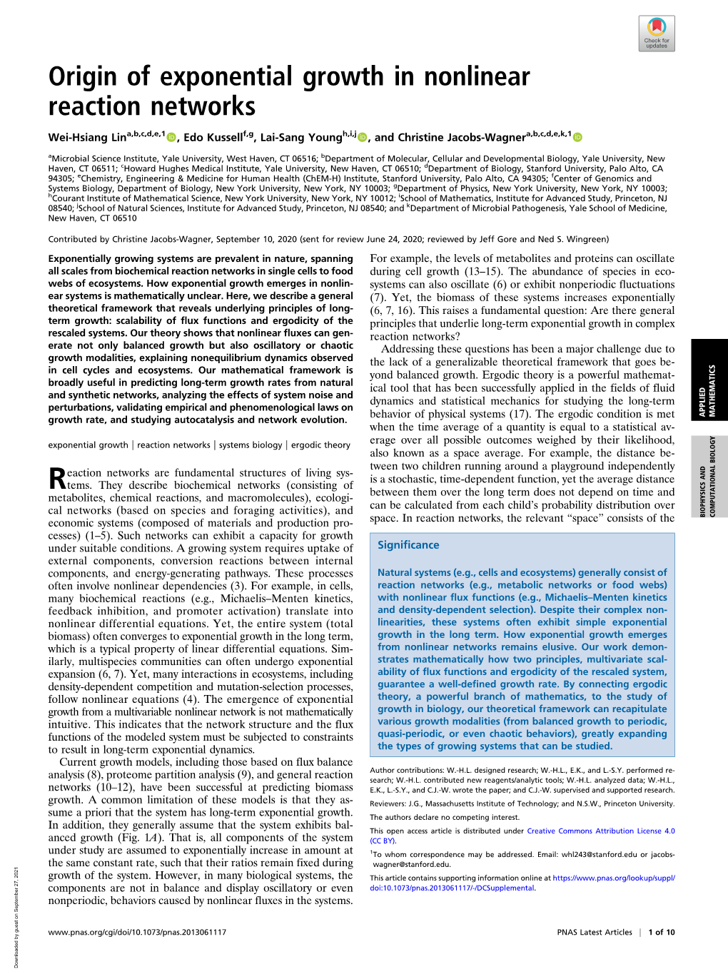 Origin of Exponential Growth in Nonlinear Reaction Networks