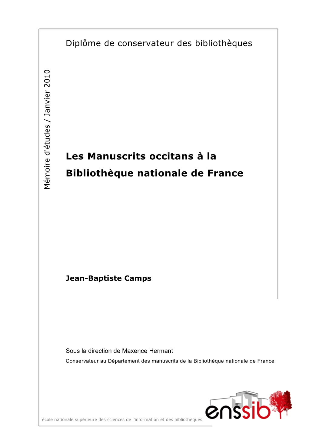 Les Manuscrits Occitans À La Bibliothèque Nationale De France | Janvier 2010 - IV - Droits D’Auteur Réservés Table Des Matières