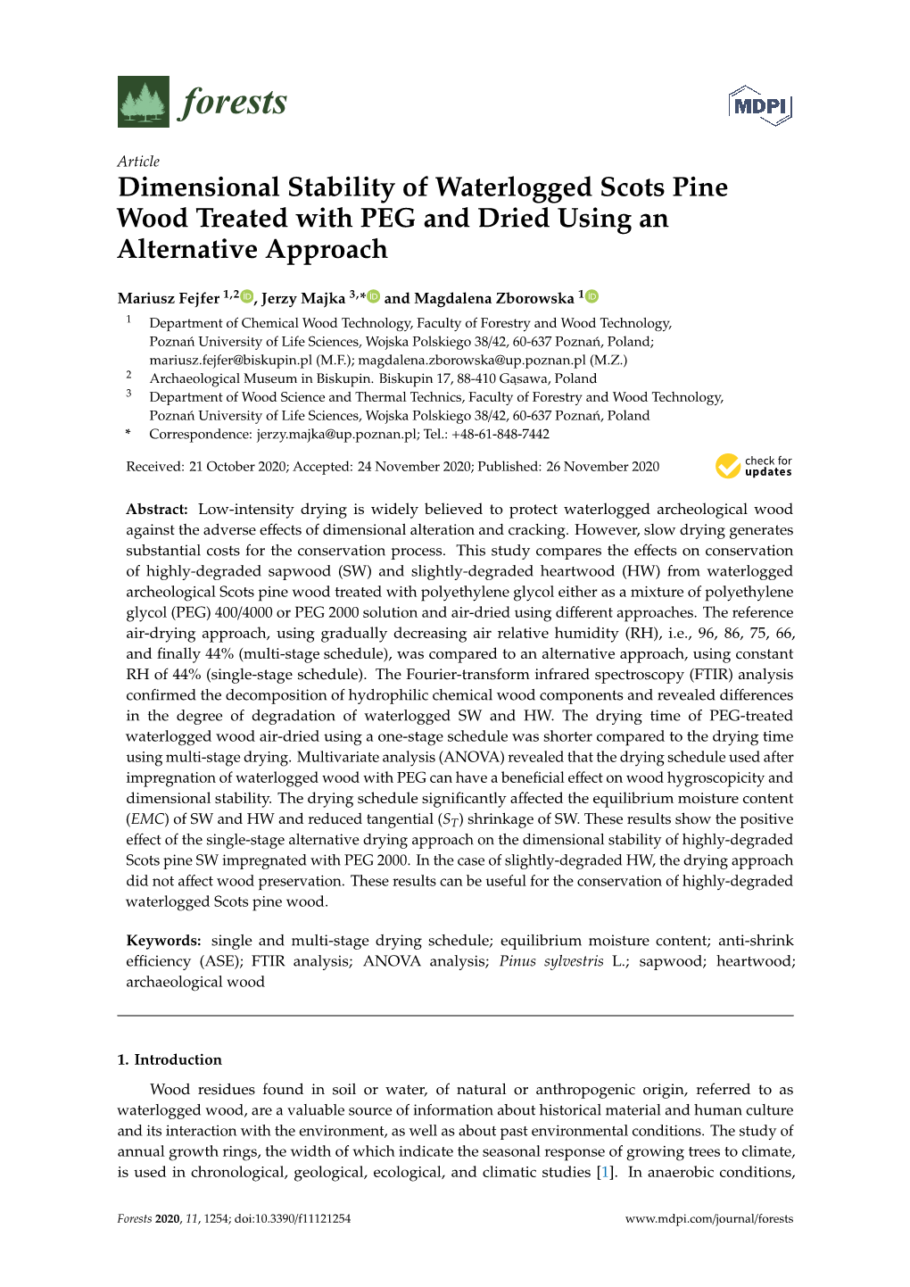 Dimensional Stability of Waterlogged Scots Pine Wood Treated with PEG and Dried Using an Alternative Approach