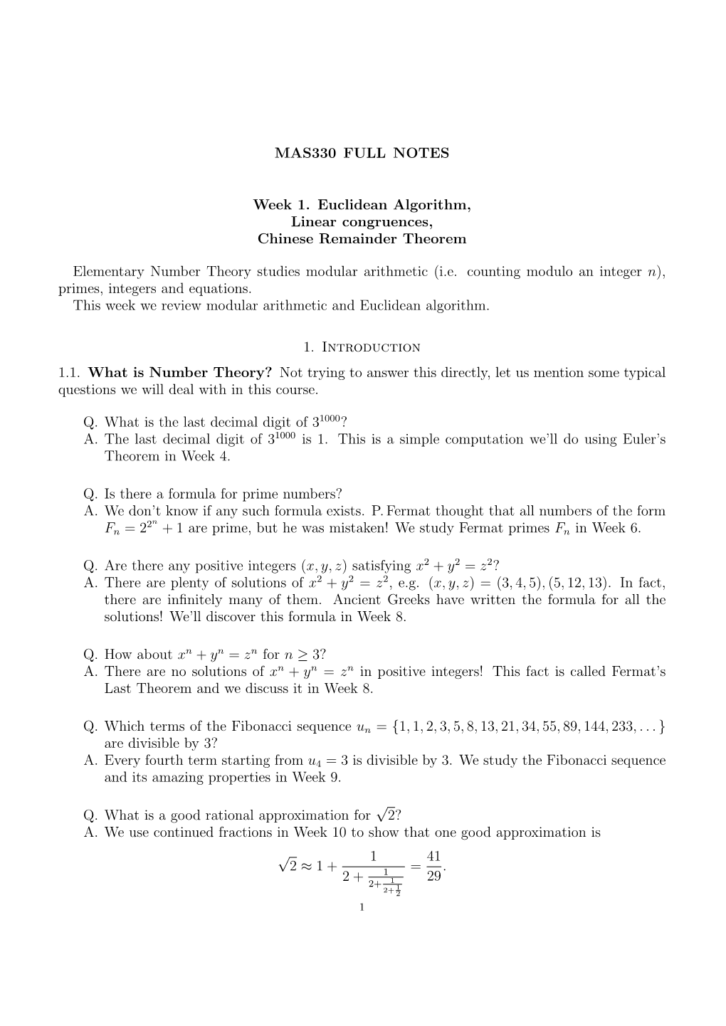 MAS330 FULL NOTES Week 1. Euclidean Algorithm, Linear