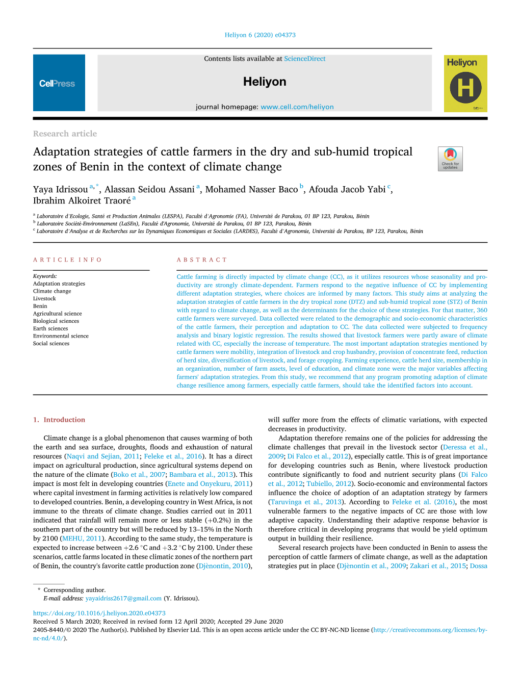 Adaptation Strategies of Cattle Farmers in the Dry and Sub-Humid Tropical Zones of Benin in the Context of Climate Change