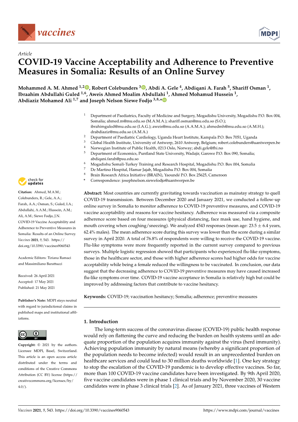 COVID-19 Vaccine Acceptability and Adherence to Preventive Measures in Somalia: Results of an Online Survey