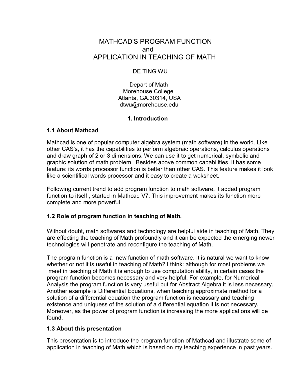 MATHCAD's PROGRAM FUNCTION and APPLICATION in TEACHING of MATH