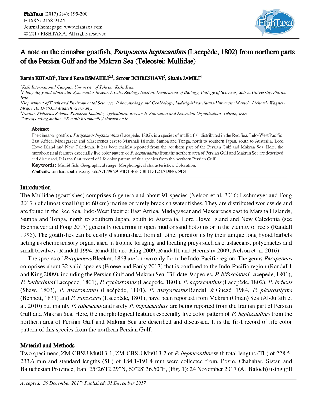 A Note on the Cinnabar Goatfish, Parupeneus Heptacanthus (Lacepède, 1802) from Northern Parts of the Persian Gulf and the Makran Sea (Teleostei: Mullidae)