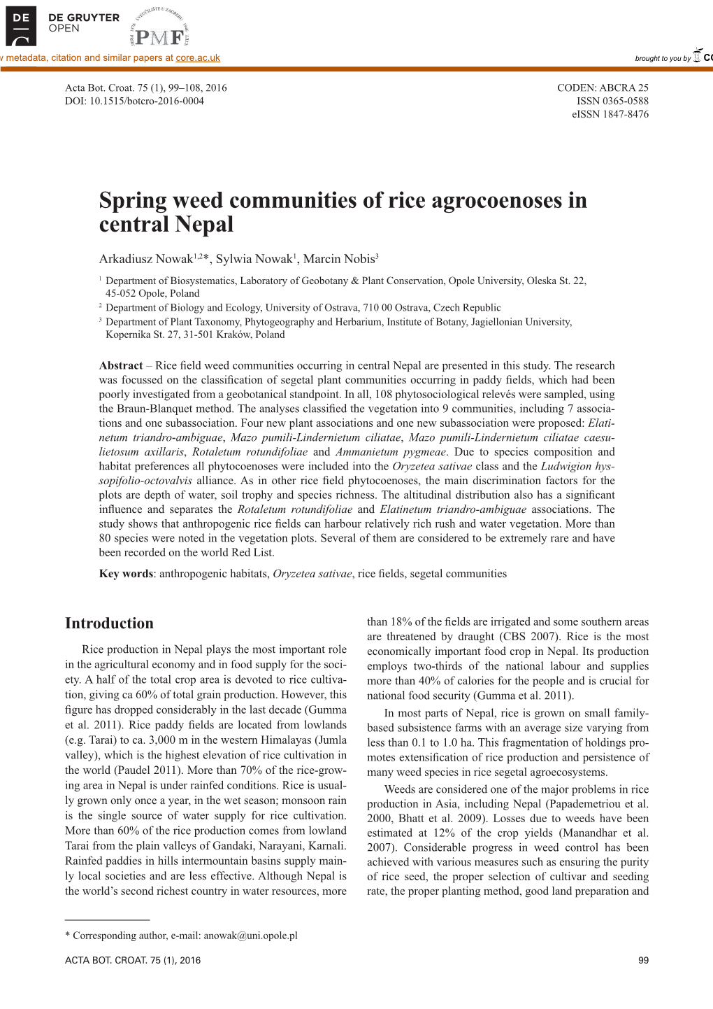 Spring Weed Communities of Rice Agrocoenoses in Central Nepal