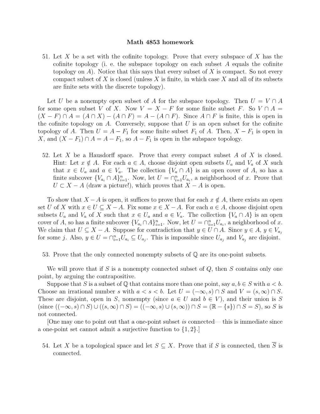 Math 4853 Homework 51. Let X Be a Set with the Cofinite Topology. Prove