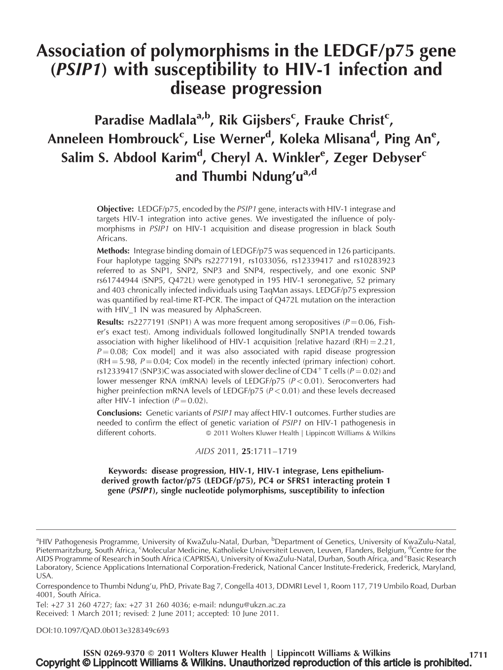 Association of Polymorphisms in the LEDGF/P75 Gene (PSIP1) with Susceptibility to HIV-1 Infection and Disease Progression