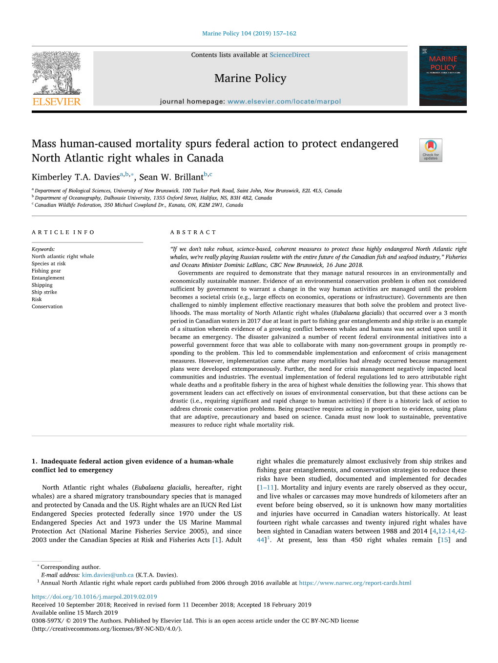 Mass Human-Caused Mortality Spurs Federal Action to Protect Endangered North Atlantic Right Whales in Canada T