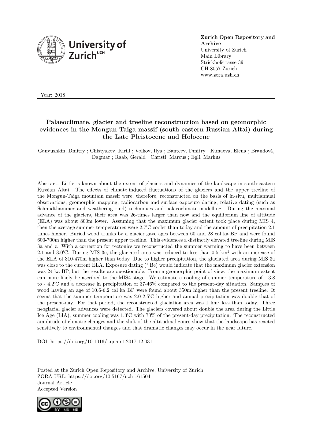 Palaeoclimate, Glacier and Treeline Reconstruction Based On