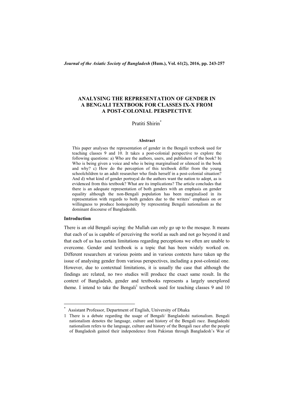 ANALYSING the REPRESENTATION of GENDER in a BENGALI TEXTBOOK for CLASSES IX-X from a POST-COLONIAL PERSPECTIVE Pratiti Shirin*