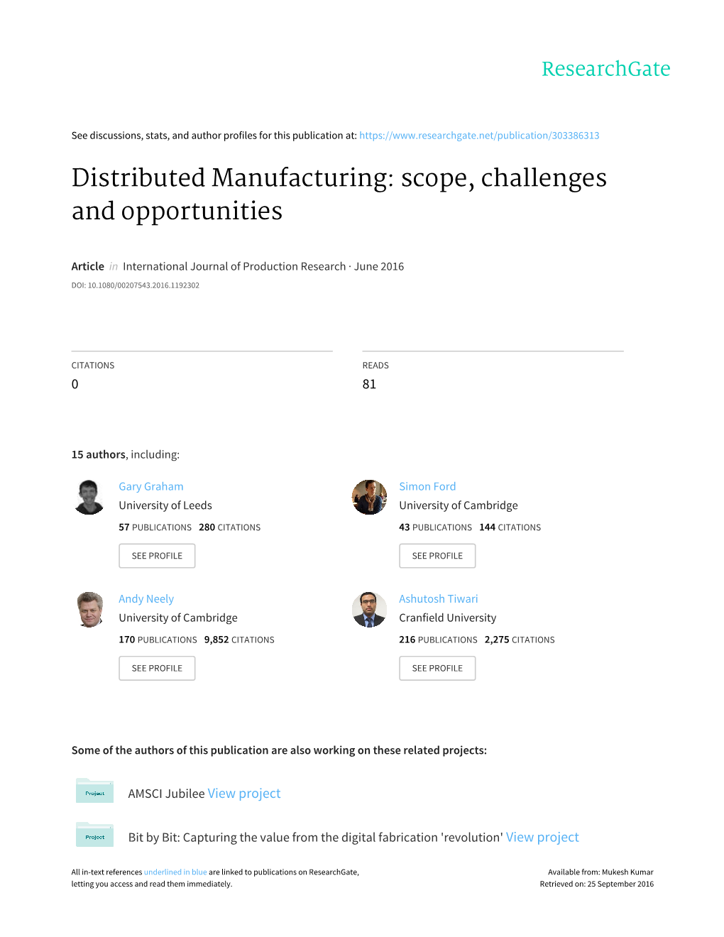 Distributed Manufacturing: Scope, Challenges and Opportunities