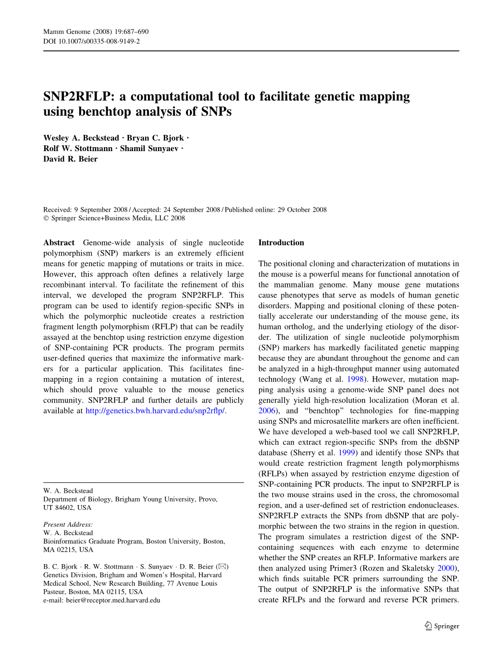 SNP2RFLP: a Computational Tool to Facilitate Genetic Mapping Using Benchtop Analysis of Snps