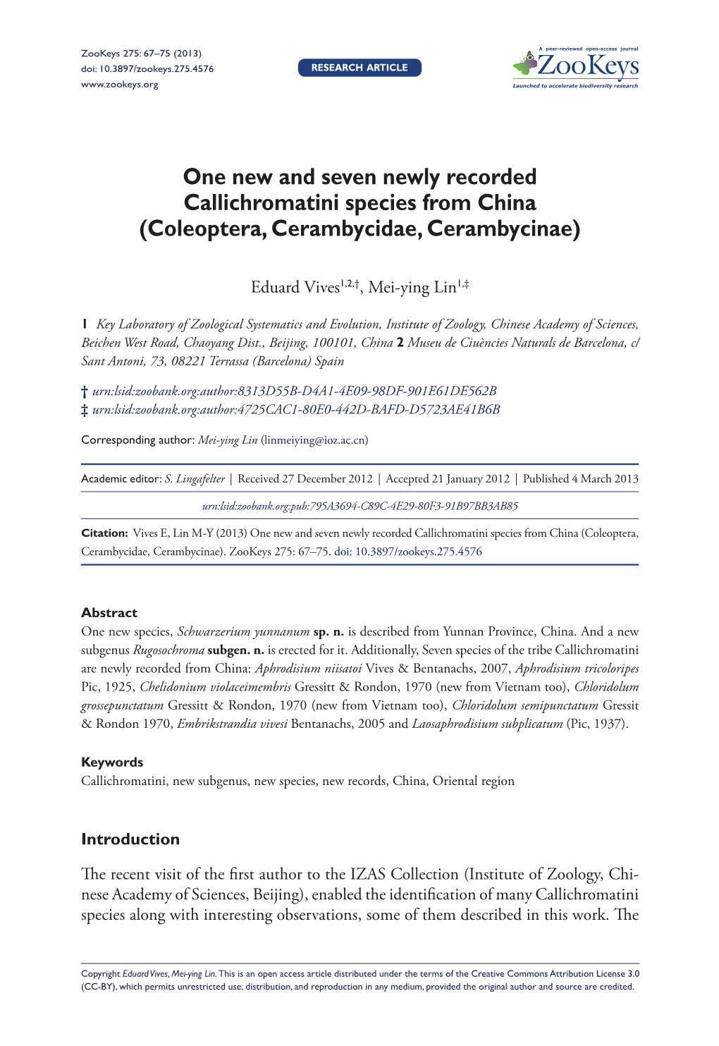 One New and Seven Newly Recorded Callichromatini Species from China (Coleoptera, Cerambycidae, Cerambycinae)