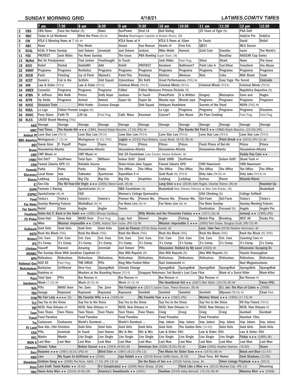 Sunday Morning Grid 4/18/21 Latimes.Com/Tv Times