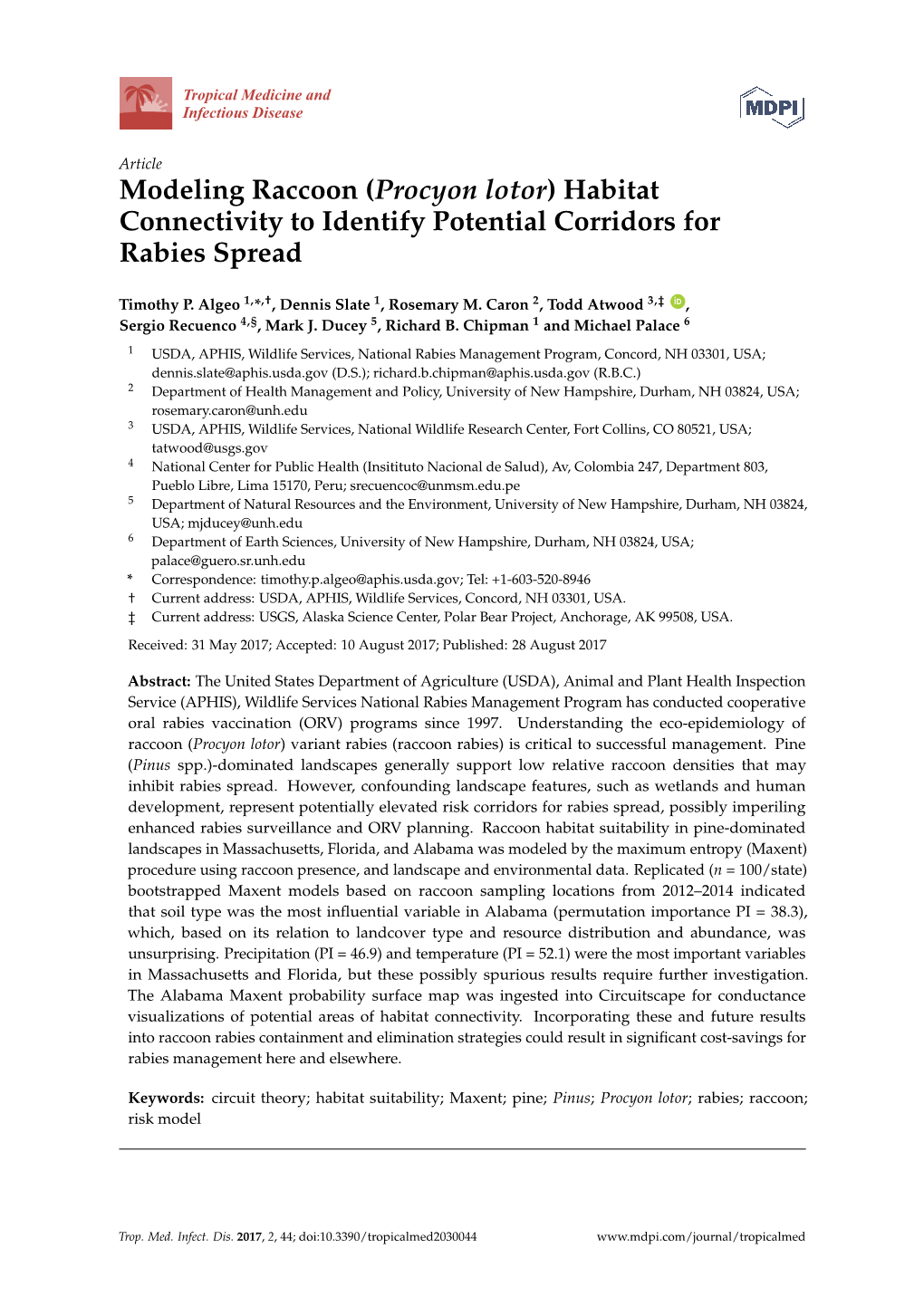 Modeling Raccoon (Procyon Lotor) Habitat Connectivity to Identify Potential Corridors for Rabies Spread