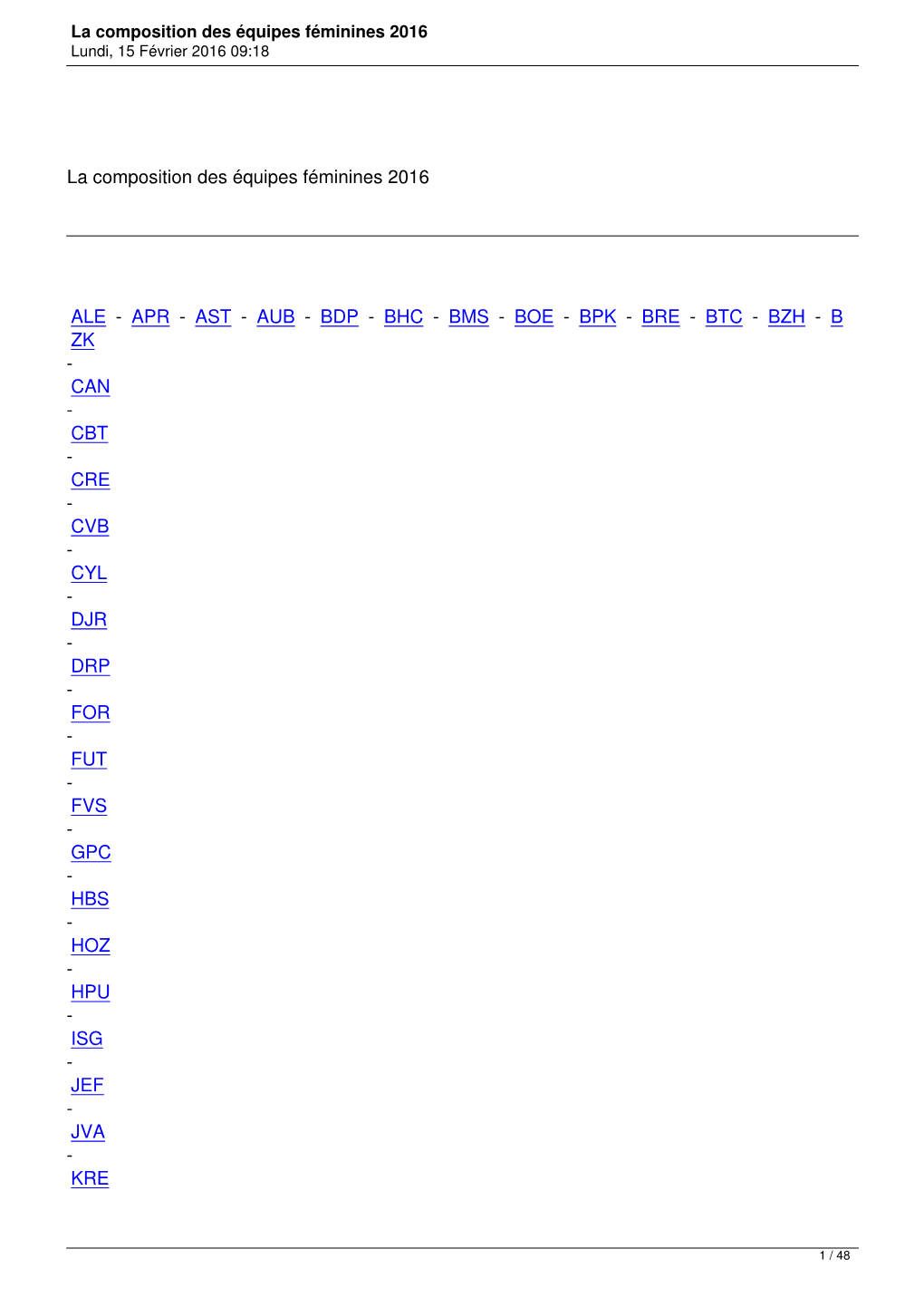 La Composition Des Équipes Féminines 2016 Lundi, 15 Février 2016 09:18