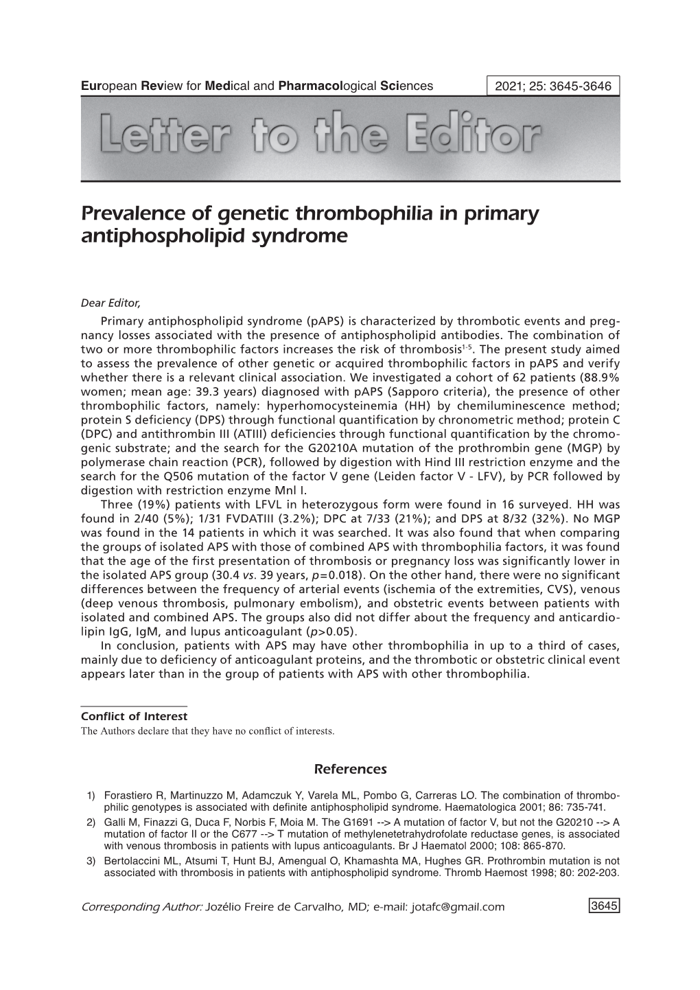 Prevalence of Genetic Thrombophilia in Primary Antiphospholipid Syndrome