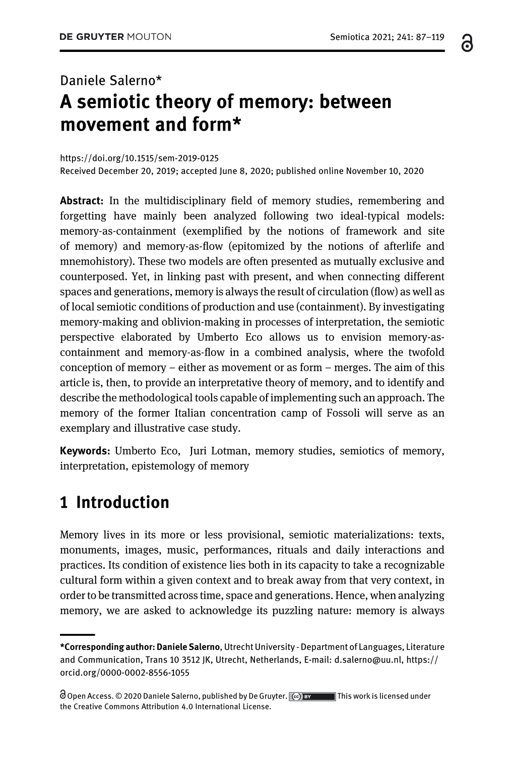 A Semiotic Theory of Memory: Between Movement and Form*