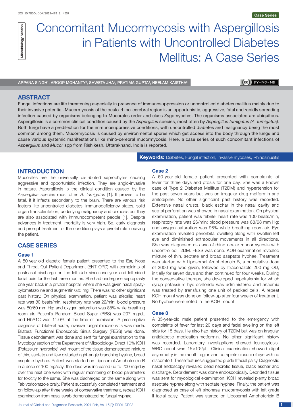 Concomitant Mucormycosis with Aspergillosis in Patients with Uncontrolled Diabetes