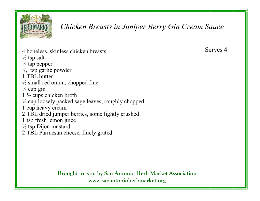 Chicken Breasts in Juniper Berry Gin Cream Sauce