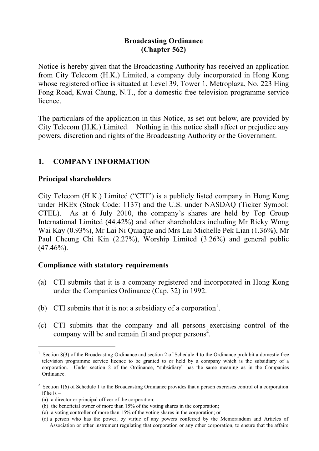 Broadcasting Ordinance (Chapter 562) Notice Is Hereby Given That The