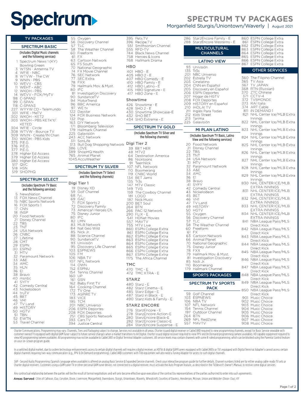 SPECTRUM TV PACKAGES Morganfield Sturgis/Uniontown/Waverly | August 2021