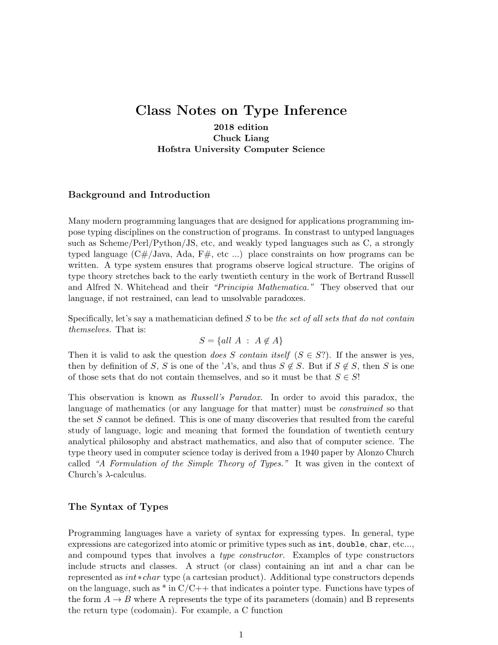 Class Notes on Type Inference 2018 Edition Chuck Liang Hofstra University Computer Science