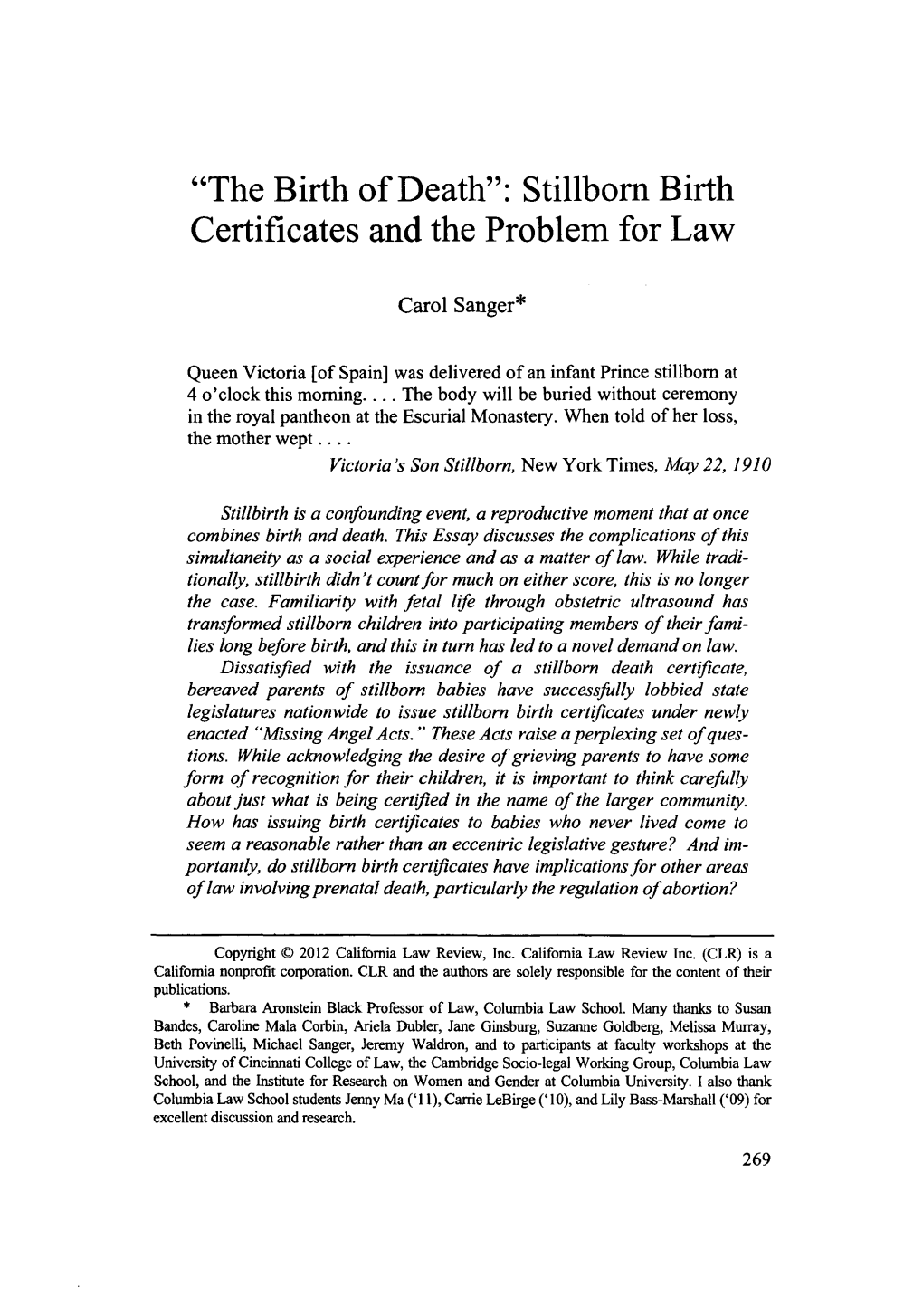 "The Birth of Death": Stillborn Birth Certificates and the Problem for Law