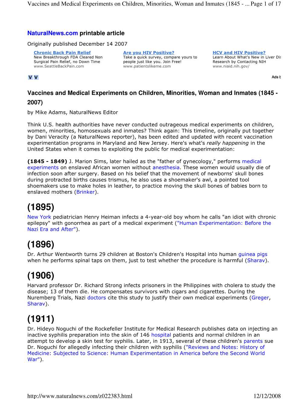 Naturalnews.Com Printable Article Vaccines and Medical Experiments