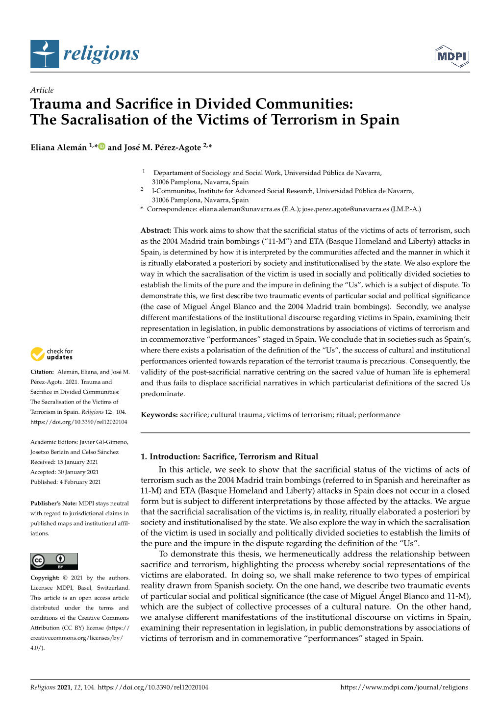 Trauma and Sacrifice in Divided Communities: the Sacralisation Of