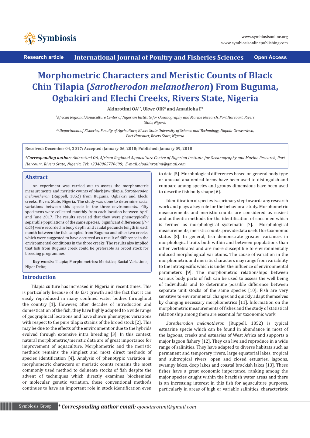 Morphometric Characters and Meristic Counts of Black Chin Tilapia