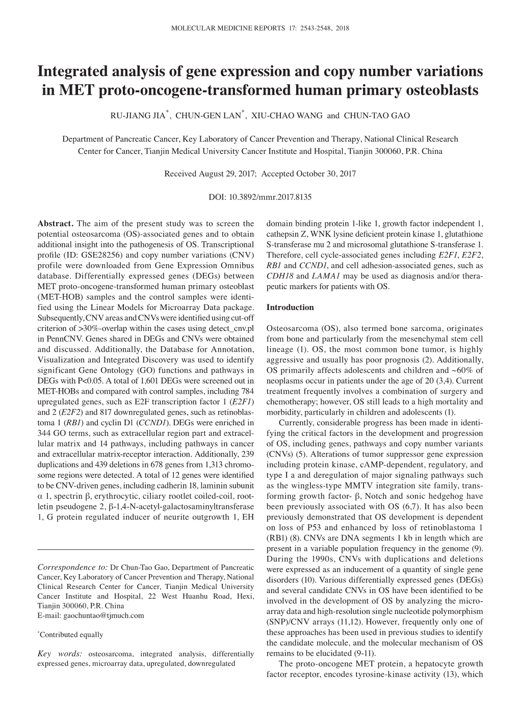 Integrated Analysis of Gene Expression and Copy Number Variations in MET Proto‑Oncogene‑Transformed Human Primary Osteoblasts