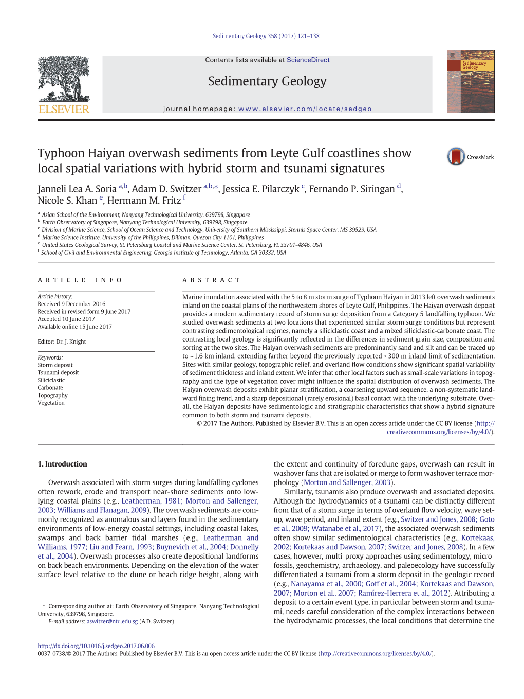 Typhoon Haiyan Overwash Sediments from Leyte Gulf Coastlines Show Local Spatial Variations with Hybrid Storm and Tsunami Signatures