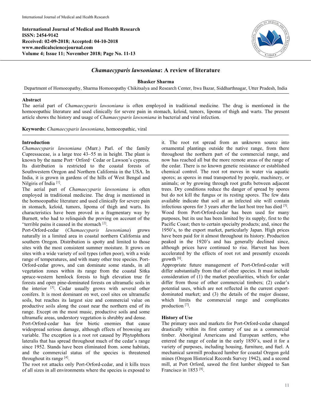 Chamaecyparis Lawsoniana: a Review of Literature