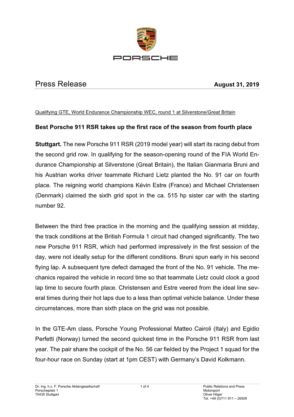 Press Release August 31, 2019