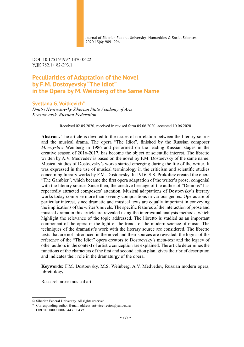 Peculiarities of Adaptation of the Novel by F.M. Dostoyevsky “The Idiot” in the Opera by M. Weinberg of the Same Name