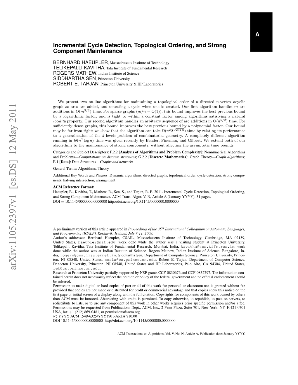 Arxiv:1105.2397V1 [Cs.DS] 12 May 2011 Ret@Cs.Princeton.Edu