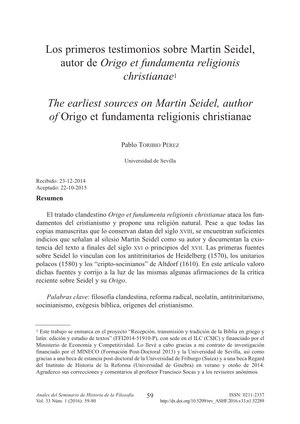 Los Primeros Testimonios Sobre Martin Seidel, Autor De Origo Et Fundamenta Religionis Christianae1 the Earliest Sources on Marti